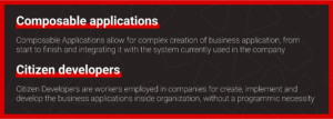 Composable Applications allow for complex creation of business application, from start to finish and integrating it with the system currently used in the company Citizen Developers are workers employed in companies for create, implement and develop the business applications inside organization, without a programmic necessity
